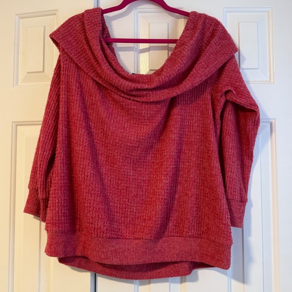 NWT Torrid BRUSHED WAFFLE OFF SHOULDER LONG SLEEVE TOP Blouse Short 4XL RED PINK - Picture 3 of 7